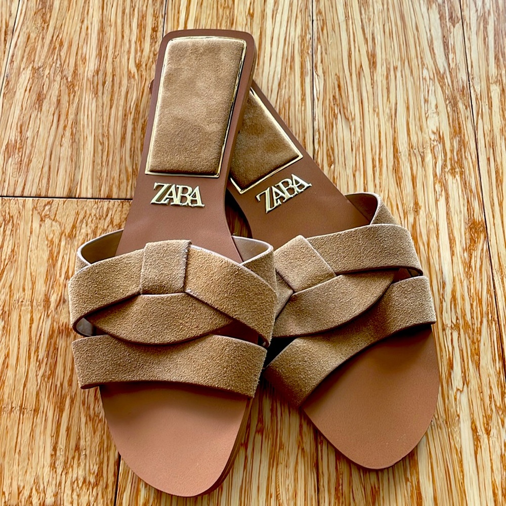 Flat crossed leather sandals, brown, Zara, size 39, size 8.5, new